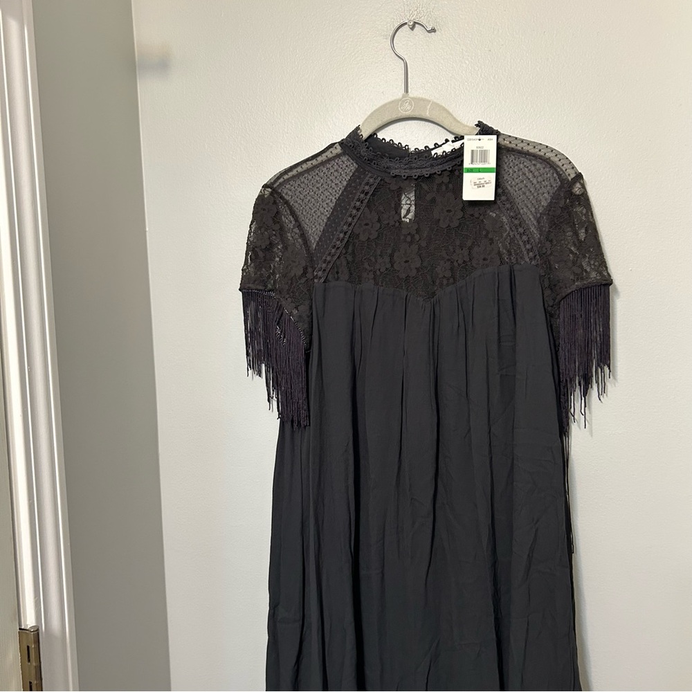 Women’s Black Midi Dress with Lace & Fringe - Picture 3 of 9